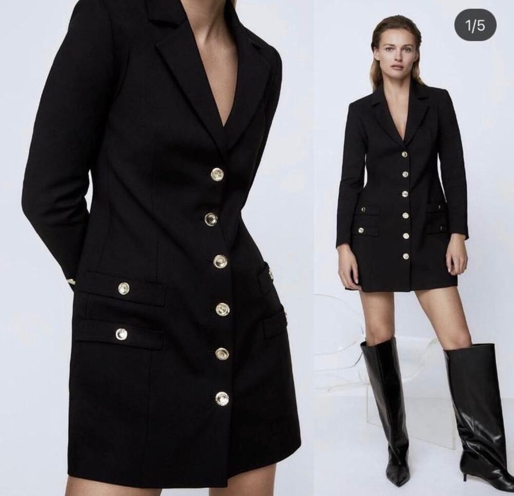 Zara Black Gold Button Tailored Blazer Mini Dress, XS